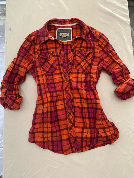 Arizona Jean Company Tops - Mid-2000’s Arizona Jean Company Orange and Pink Plaid Shirt